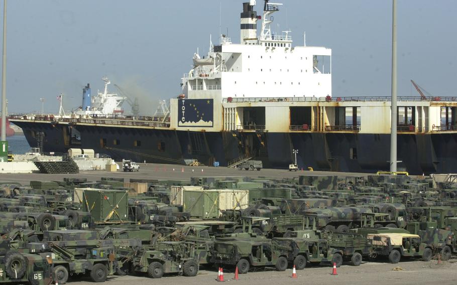 Hundreds of military vehicles are lined up