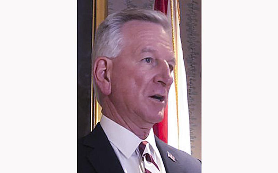 Sen. Tommy Tuberville speaks during a briefing in Huntsville, Ala., on Feb. 22, 2023.