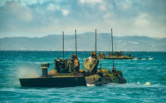 Marine Corps Amphibious Combat Vehicles of the 15th Marine Expeditionary Unit were waterborne at White Beach Naval Facility, Okinawa, Japan, June 24, 2024.