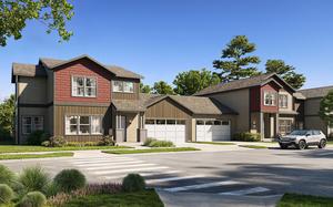 A rendering of a house on a suburban street.