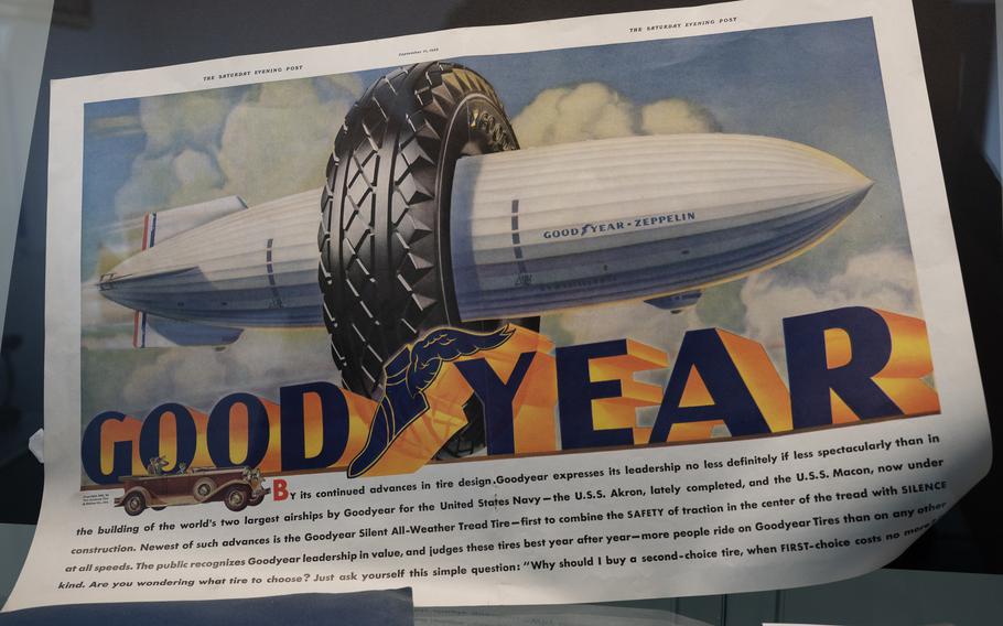 A Goodyear promotional poster on display Sept. 1, 2024, at the Zeppelin Museum in Neu-Isenberg, Germany. In 1924, the American tire manufacturer paired with Luftschiffbau Zeppelin to produce dirigibles for the U.S. military. The partnership lasted until World War II. 