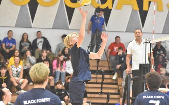 Black Forest Academy junior Timothy Sivonen was named most valuable player in the DODEA-Europe boys volleyball championships after leading the Falcons to a three-set victory over Rota on Saturday, Oct. 28, 2023.

Kent Harris/Stars and Stripes