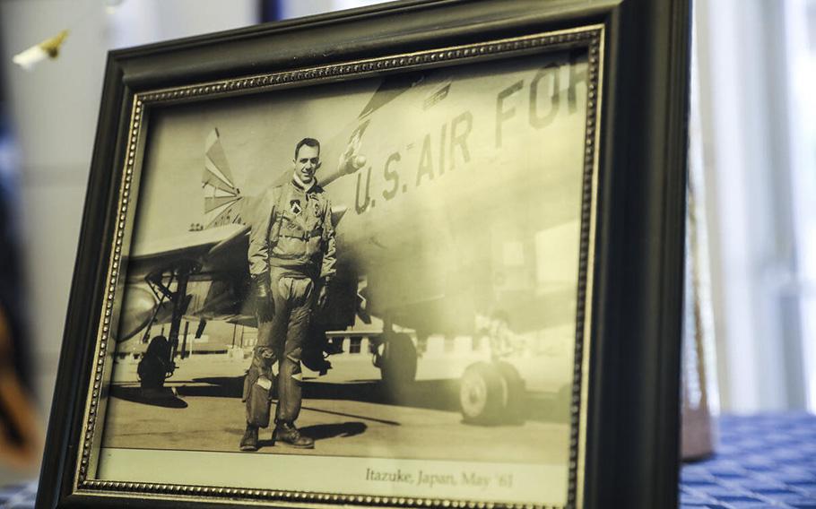 A photo of Air Force Col. James Abraham from May of 1961 is seen at his funeral at the Southern Nevada Veterans Memorial Cemetery in Boulder City, Nevada, on Monday, May 15, 2023.