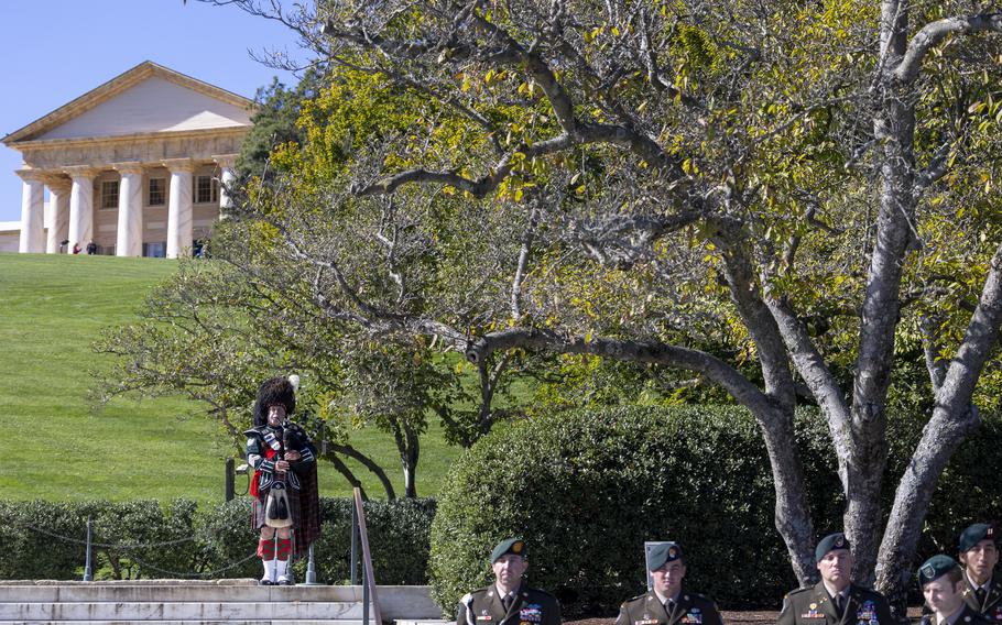 A bagpiper plays as the U.S. Army’s 1st Special Forces Command (Airborne) honors the commitment and contributions of President John F. Kennedy, at Arlington National Cemetery, Va., on Oct. 17, 2024.