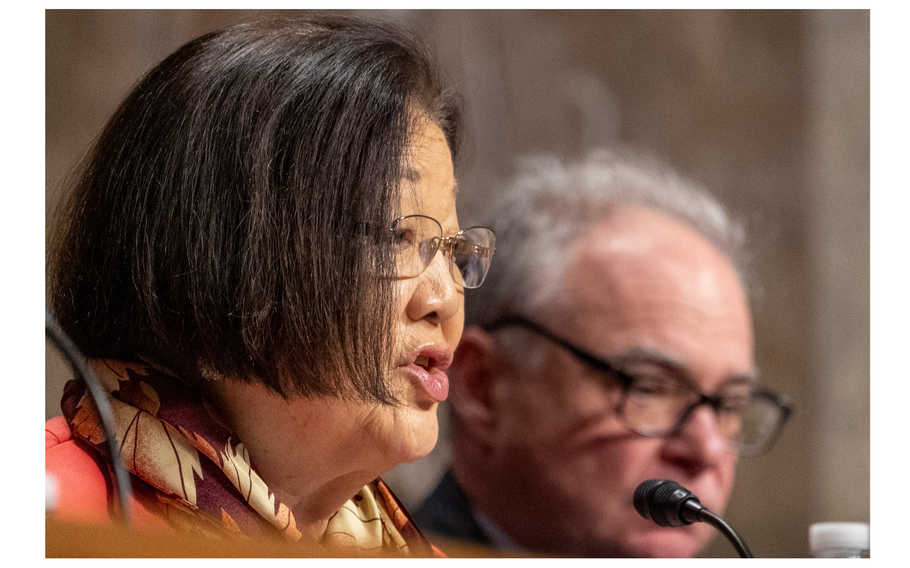 Hirono seated and asking a question at a hearing.