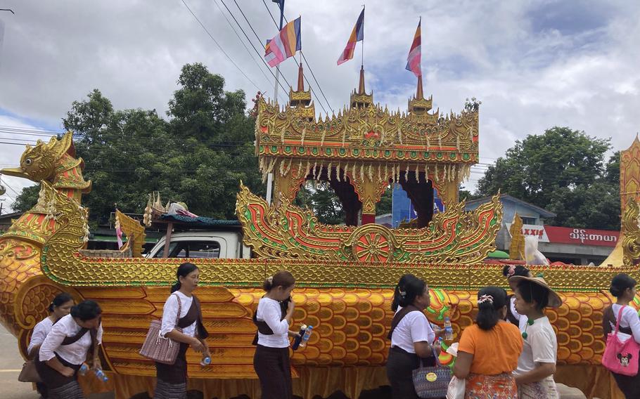 A vehicle with an elaborate design as a traditional Karaweik vessel is prepared to carry the coffin of the late monk Bhaddanta Munindarbhivamsa in a funeral cortege to be cremated in Bago, Myanmar, Thursday, June 27, 2024. The senior monk was shot dead last week by soldiers who the military government said mistaked the vehicle in which he was traveling for a security threat. 