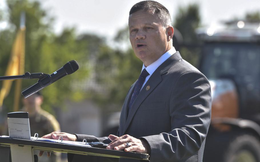 Director of Installation Management Command-Europe Tommy Mize delivers remarks June 26, 2024, during the U.S. Army Garrison Wiesbaden change of command ceremony in Wiesbaden, Germany.