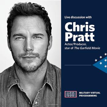 Service members and their families had a live discussion with actor and producer Chris Pratt, star of "The Garfield Movie,"  on May 23, 2024, hosted by the USO.