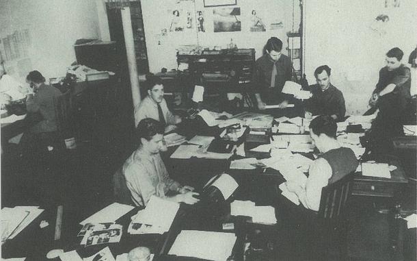 Stars and Stripes’ London edition staff in the newsroom, located at the offices of the London Times, in 1944. From left: Ben Price, Hamilton Whitman, Andy Rooney, Bud Hutton, Russ Jones and Bob Moora. The image was published in Ken Zumwalt’s “Stars and Stripes, WWII & The Early Years,” published in 1989. Zumwalt was Stars and Stripes’ managing editor during and after the war.