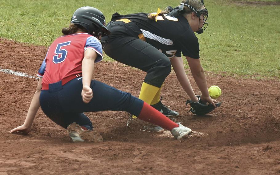 Aviano sophomore Jae'Lianny Rodriguez slides into home for a score against Vicenza during day one of the European championships on May 22, 2024, at Ramstein Air Base, Germany.