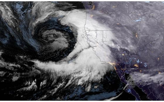 A low-pressure system and atmospheric river affecting California early Thursday. (MUST CREDIT: NOAA/NESDIS)