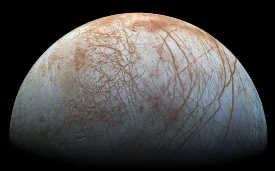 A view of Jupiter’s icy moon Europa.