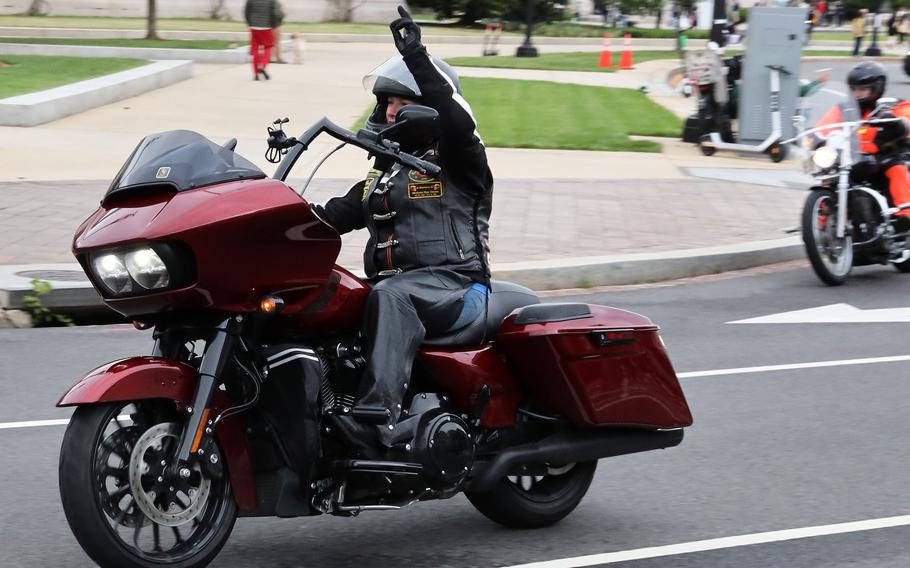 Motorcyclists taking part in the Rolling to Remember ride move down Constitution Ave. in Washington, D.C., May 30, 2021.