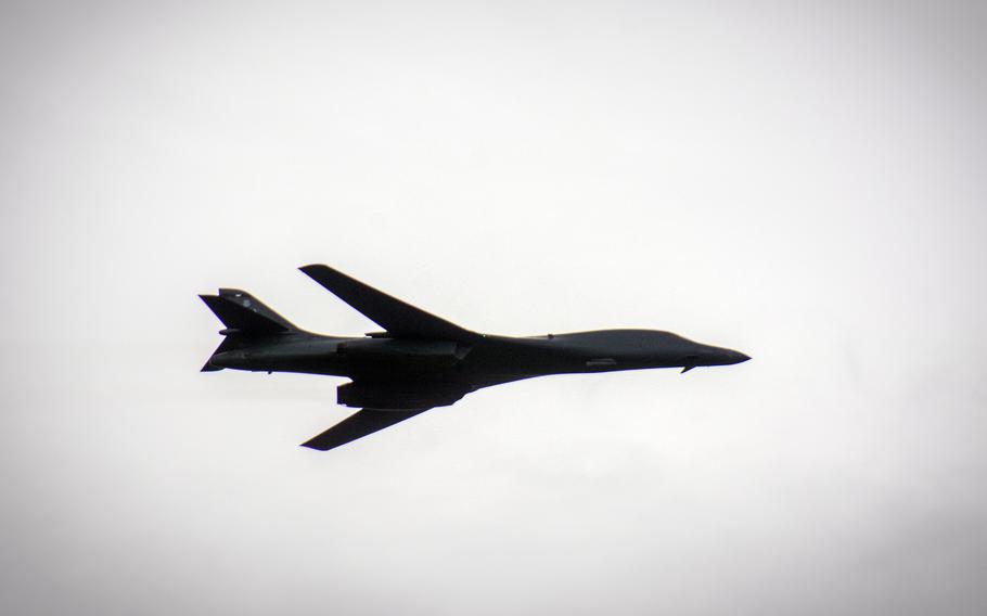 An Air Force B-1B Lancer flies over South Korea's capital on Armed Forces Day, Tuesday, Oct. 1, 2024.