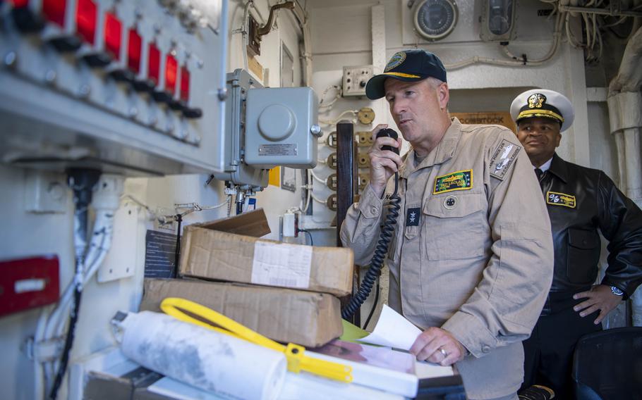 Rear Adm. Ted LeClair, deputy commander, Naval Surface Forces, U.S. Pacific Fleet, addresses the crew