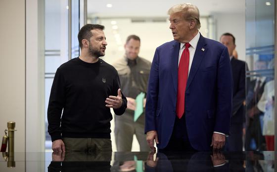 Ukrainian President Volodymyr Zelenskyy meets with Republican presidential nominee Donald Trump in New York on Sept. 27, 2024. President-elect Trump’s team is considering a plan that would see European troops patrol a demilitarized zone in Ukraine, and the U.S. would continue to provide arms in exchange for Ukrainian  territorial concessions and deferment of NATO membership for Ukraine.