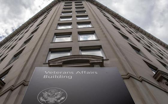 Street-level photo looking up at a Department of Veterans Affairs building in Washington, D.C.