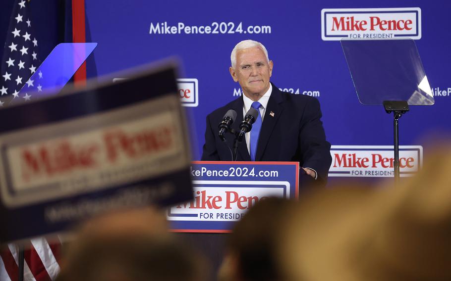 Former Vice President Mike Pence speaks to supporters as he formally announces his intention to seek the Republican nomination for president on June 7, 2023, in Ankeny, Iowa. 