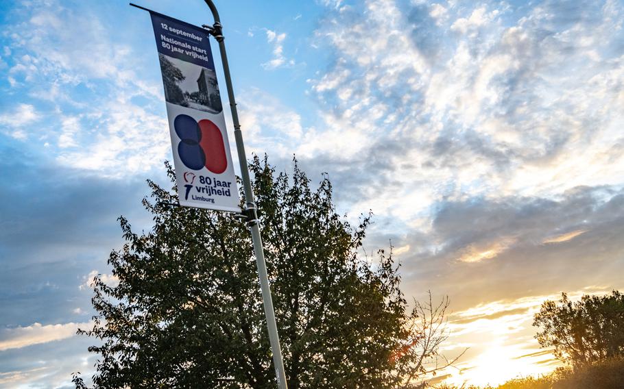 A roadside banner in in Mesch, Netherlands, advertises commemorations for the 80th anniversary of the country’s independence during World War II.