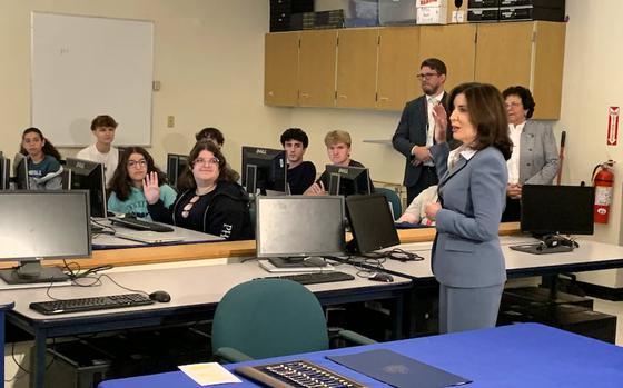 New York Gov. Kathy Hochul speaks to students in a computer science class at East Syracuse Minoa Central High School in Manlius on Thursday, Sept. 5, 2024. (Rick Moriarty | rmoriarty@syracuse.com)