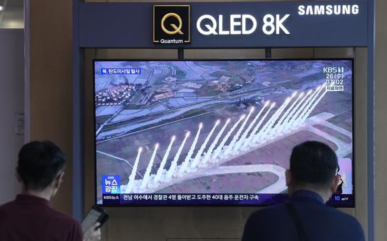 A news program at Seoul Railway Station in Seoul, South Korea, broadcasts images of a North Korean missile launch on June 26, 2024.