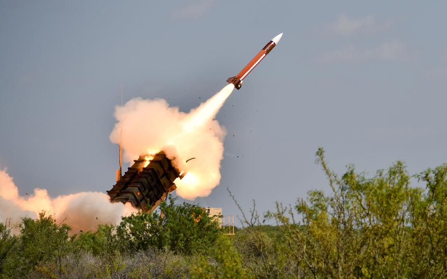 A Patriot missile is fired from a launcher.