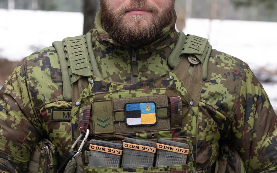 Sgt. 1st Class Margus Oras wears a patch on his uniform that combines the flags of Estonia and Ukraine.