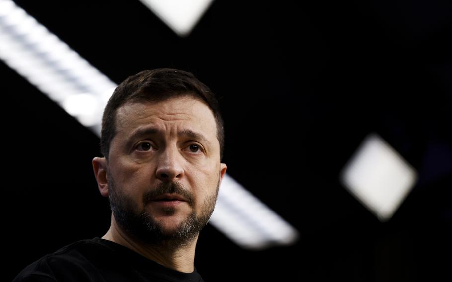 Ukraine’s President Volodymyr Zelenskyy speaks to journalists during a press conference at an EU summit in Brussels, Thursday, Oct. 17, 2024. 