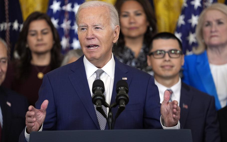 President Joe Biden speaks June 18, 2024, during an event in the East Room of the White House.