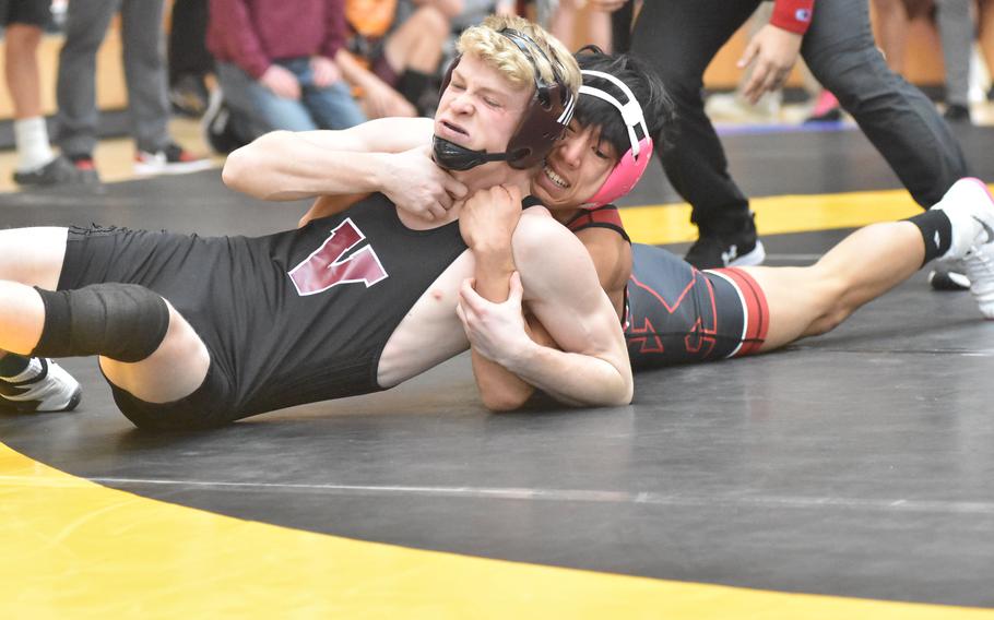Kaiserslautern’s Joshua Kim defeated Vilseck’s Christopher Wissemann at 126 pounds in the semifinals of the DODEA European Wrestling Championships on Saturday, Feb. 10, 2024, in Wiesbaden, Germany.
