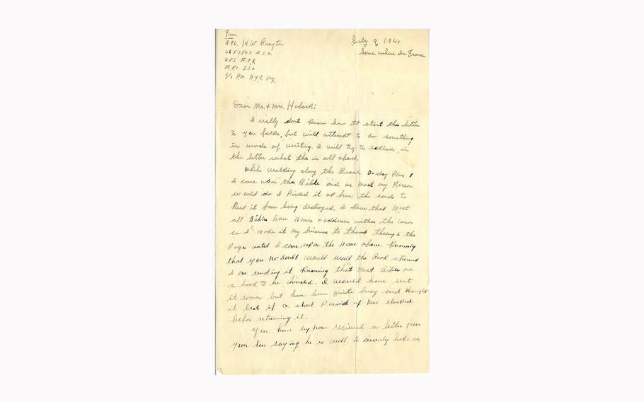 A copy of the first page of the letter the Hobacks received from the soldier who found their son's Bible on the beach after D-Day and returned it.
