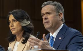 CIA Director John Ratcliffe, right, responds to questions by senators on Tuesday, March 25, 2025, during a Senate Committee on Intelligence hearing on Worldwide Threats in Washington. (Eric Kayne/Stars and Stripes)