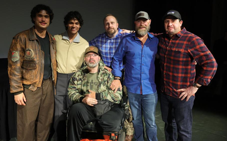 Two actors and four military veterans who helped create the film “Warfare.”