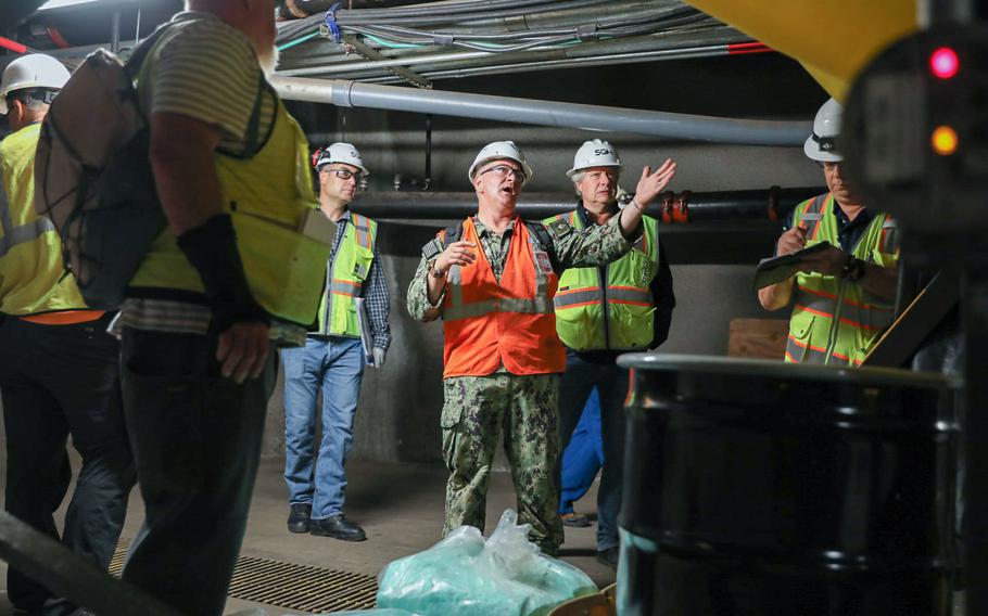 Joint Task Force-Red Hill  Response Director, U.S. Navy Capt. Michael O’Beirne, describes protective measures installed in the Red Hill Bulk Fuel Storage Facility, to regulators from the U.S Environmental Protection Agency and Hawaii Department of Health, Halawa, Hawaii, Aug. 24, 2023. 