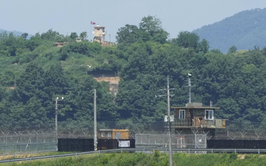 A North Korean military guard post, top, and South Korean post, bottom, are seen from Paju, South Korea, near the border with North Korea,on May 31, 2024.