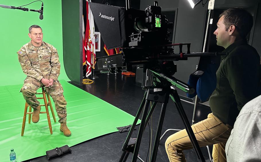 Sgt. Maj. of the Army Michael Weimer is filmed March 12, 2024, as a coach in virtual reality training on the topic of suicide prevention to be used by soldiers in Special Operations Command.