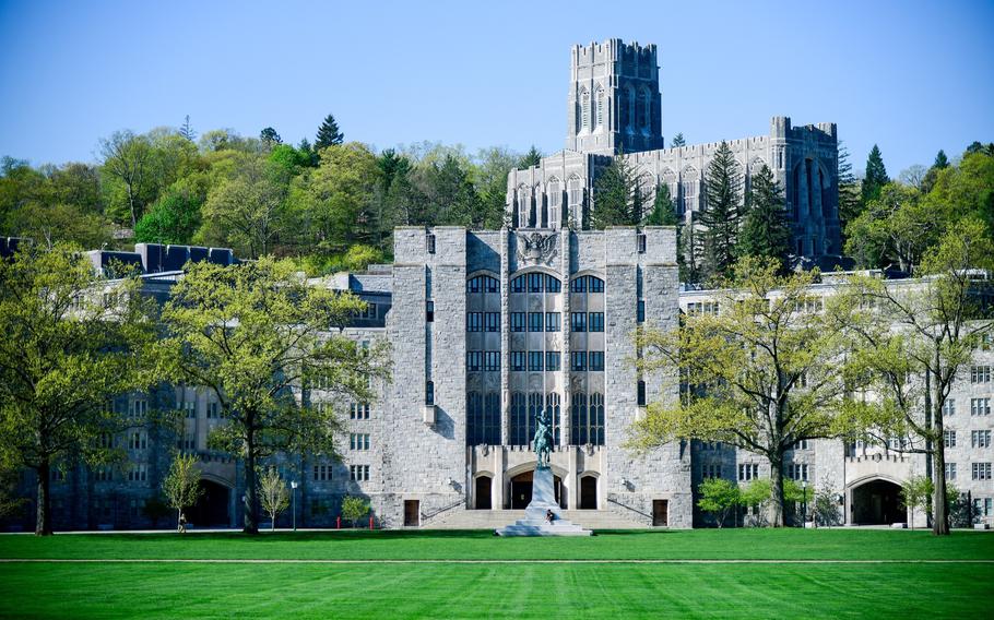 A view across a green lawn of the U.S. Military Academy at West Point.