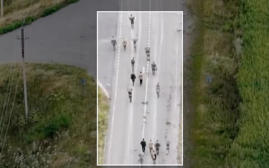 A screenshot from a video shared by the Ukrainian military on Aug. 16 shows the apparent mass surrender of Russian soldiers. 