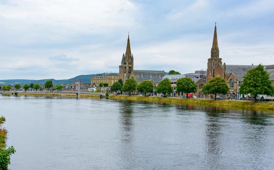 View of Inverness, Scotland, United Kingdom featuring Old High Church, the River Ness, and Greig St. Bridge