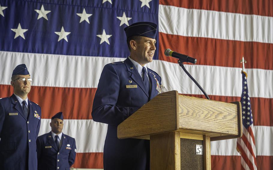 Col. Jason Allen, 58th Special Operations Wing incoming commander, speaks during a change of command ceremony at Kirtland Air Force Base, N.M., June 21, 2024. 