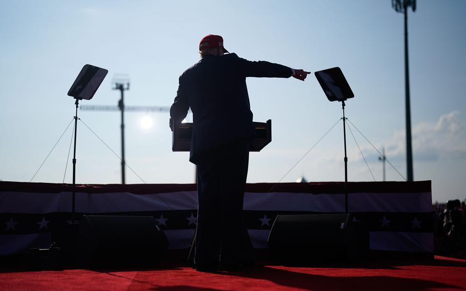 Former president Donald Trump speaks during a campaign rally in Butler, Pa., on Saturday, July 13, 2024. Trump ducked and was taken offstage after gunshots were heard during his speech.