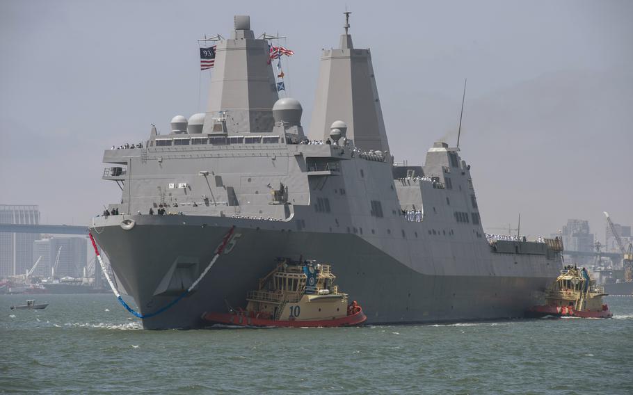 USS Somerset, an amphibious transport dock ship, arrives at Naval Base San Diego in April 2014. 