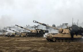 Paladins belonging to the 4th Battalion, 27th Field Artillery Regiment conduct their final fire missions during training at Forward Operating Station Torun, Poland, on Feb. 22, 2024. A U.S. Army War College study argues that replacing unit rotations from stateside with units based permanently in Europe would encourage European allies to allocate more of their weapon stockpiles to Ukraine.