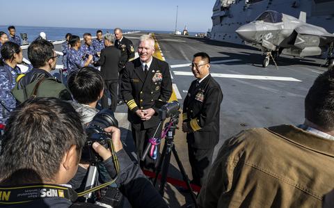 Vice Adm. John Wade, commander of U.S. 3rd Fleet, and Vice Adm. Yoshihiro Goka, commander of Japan’s Escort Fleet, speak to reporters aboard the JS Kaga off Southern California, Nov. 6, 2024. 