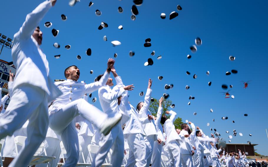 The Coast Guard Academy Class of 2024 celebrates on Wednesday, May 22, 2024, at graduation ceremonies in New London, Conn.