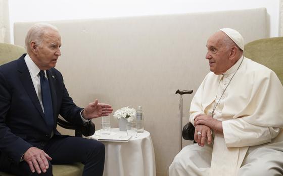 FILE - President Joe Biden, left, meets with Pope Francis in Savelletri, Puglia, Italy, June 14, 2024. (Kevin Lamarque/Pool Photo via AP, File)