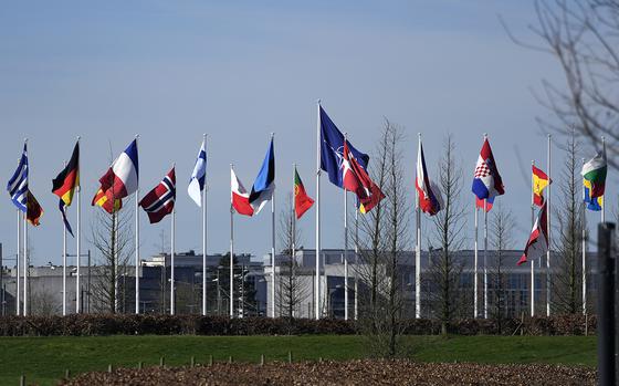 Flags of NATO member countries blow in the wind outside NATO headquarters in Brussels on March 14, 2024.