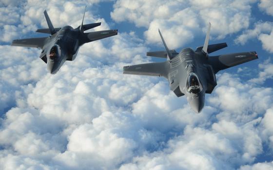 Two Israeli F-35 “Adirs” fly in formation and display the U.S. and Israeli flags after receiving fuel from a Tennessee Air National Guard KC-135, Dec, 6, 2016. The U.S. Army Corps of Engineers and Israeli partners recently celebrated the delivery of additional hardened hangars and associated facilities that support the Israeli Air Force’s fleet of F-35 fighter jets. The United States has partnered with Israel for several years on its F-35 program through the Foreign Military Finance, or FMF, program where the two nations partner on construction of strategic facilities. (U.S. Air Force photo by 1st Lt. Erik D. Anthony)