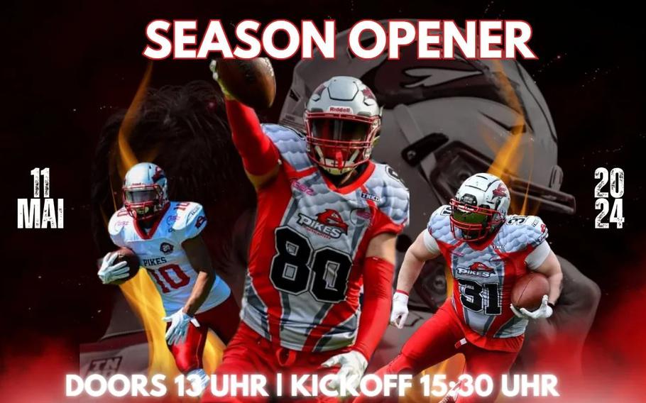 The Kaiserslautern Pikes kick off their 2024 season against the Mainz Golden Eagles at Schulzentrum Süd on Saturday. Doors open at 1 p.m., game starts at 3:30 p.m.