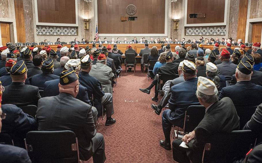 Veterans attend a presentation at the U.S. Capitol in Washington on March 1, 2017, as lawmakers heard from American Legion representatives about veterans’ issues. 